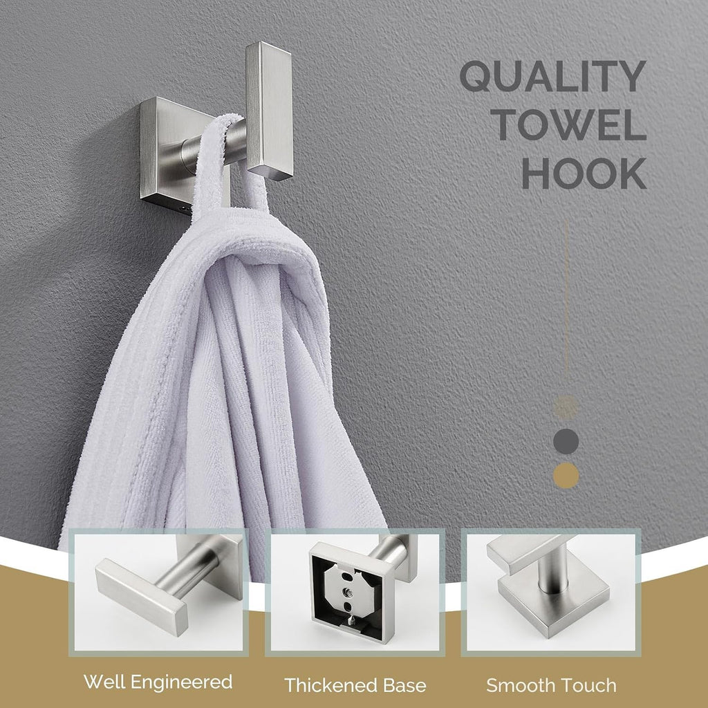 Towel Hook Brushed Nickel, Robe Coat Hand Towel Holder | Rustproof SUS304 Stainless Steel, Square Hook for Bathroom