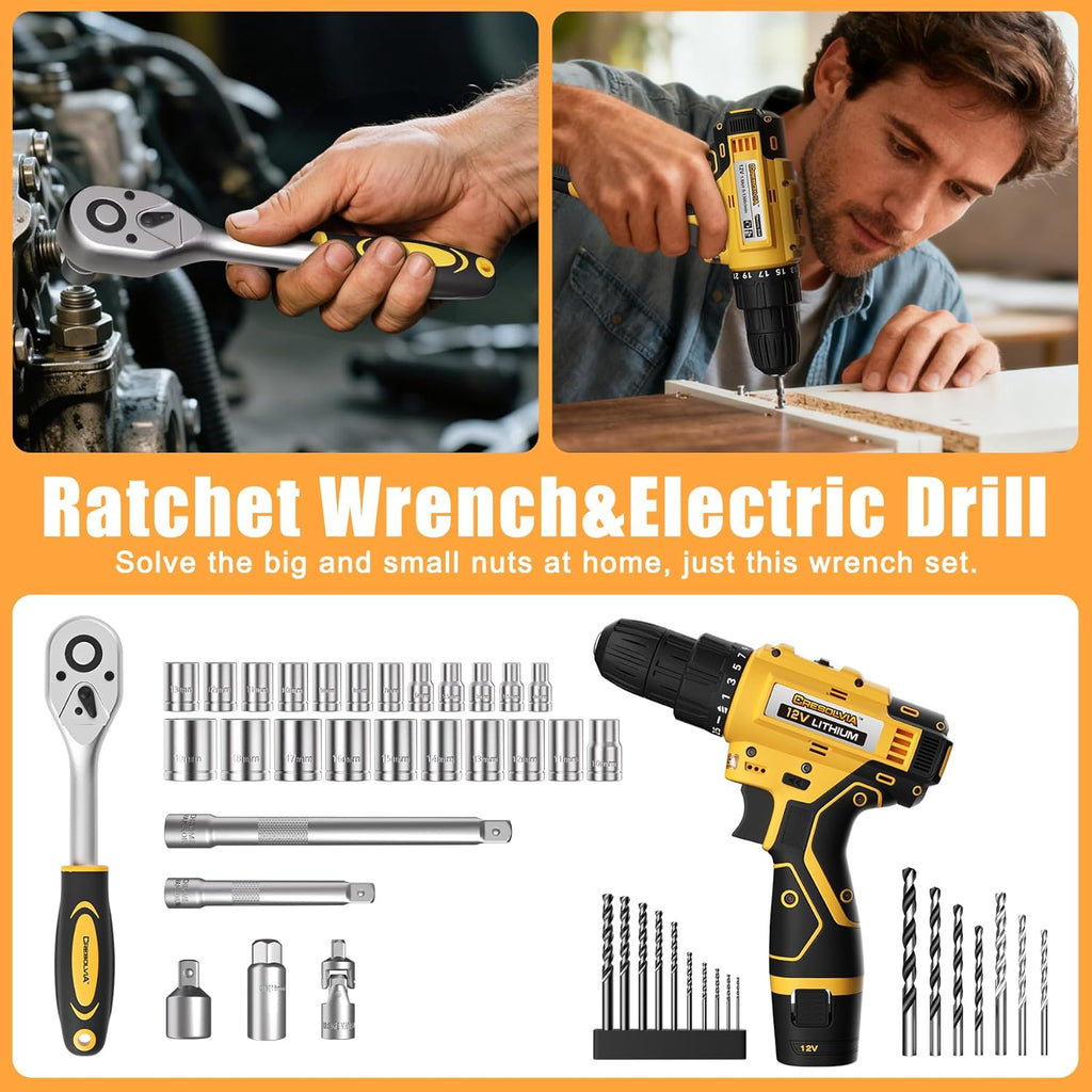 Tool Kit Box Drill Set with 12V Power Cordless Drill 299-Piece Tool Kit for Home Tool Set Storage Case with Drawer