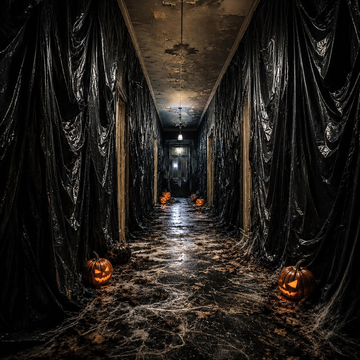 49 x 10 Ft Halloween Black Plastic Sheeting, Spooky Backdrop Decoration Kit