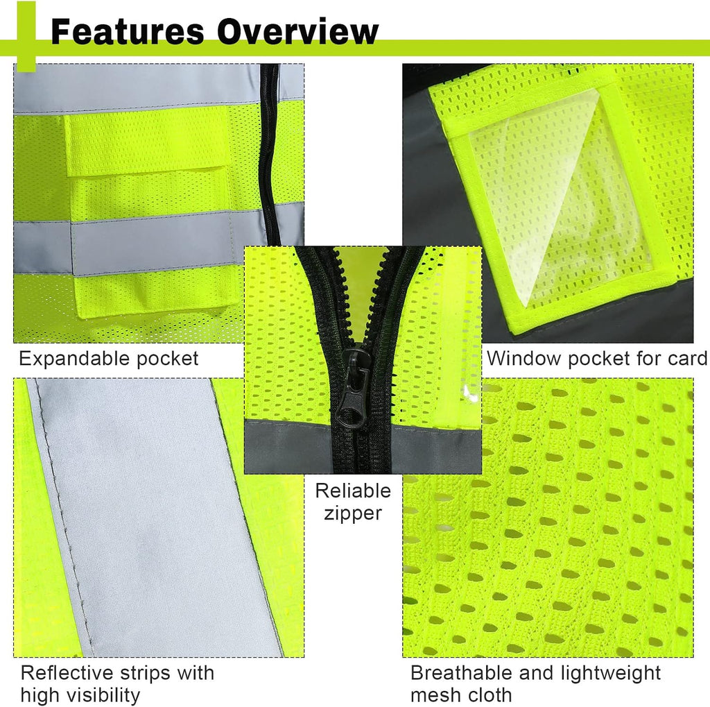 20 Pack Reflective Safety Vests with Pockets, High Visibility Mesh Construction Vest for Men Women, Neon Yellow, Size L