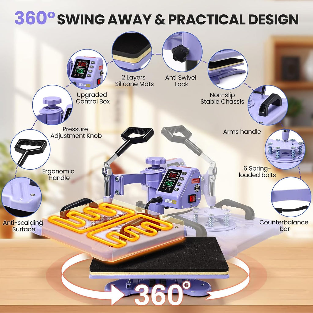 Heat Press 15x12 Inch, 5 in 1 Heat Press Machine for T-Shirts Hat Cap Mug Plate, 360° Swing Away Shirt Pressing