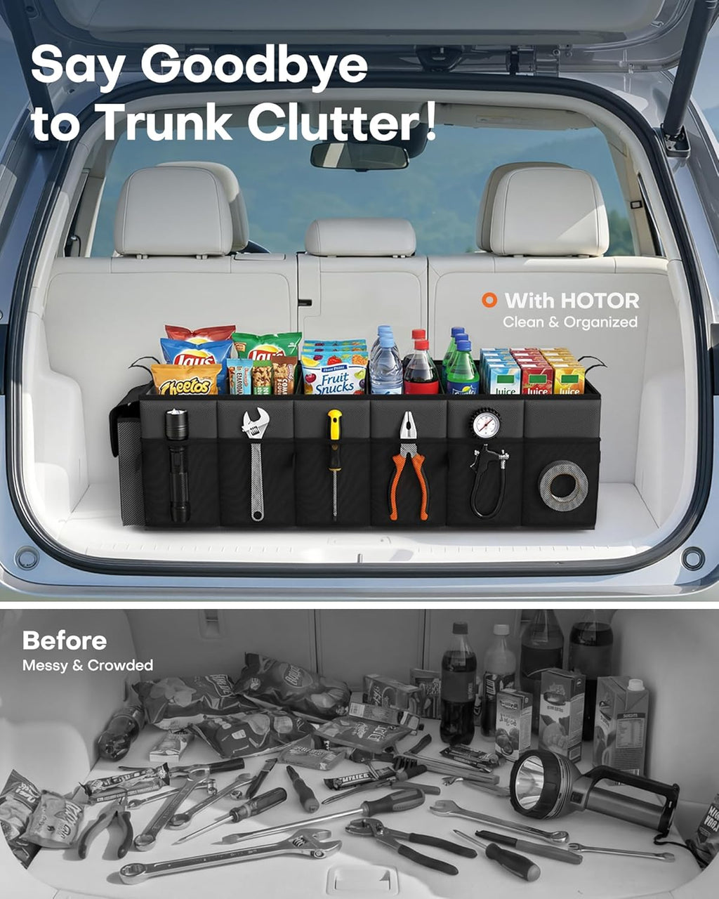 Trunk Organizer, Sturdy Foldable with Cooler for Car & SUV, 3 Compartments, Black, 30.90”×12.60”×10.63”