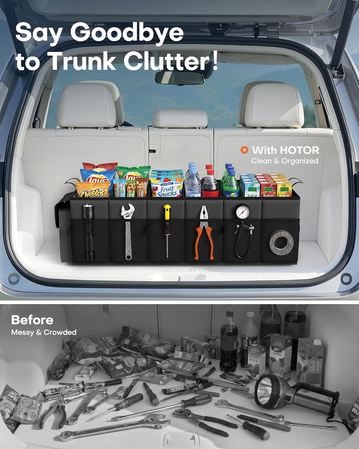 Trunk Organizer, Sturdy Foldable with Cooler for Car & SUV, 3 Compartments, Black, 30.90”×12.60”×10.63”