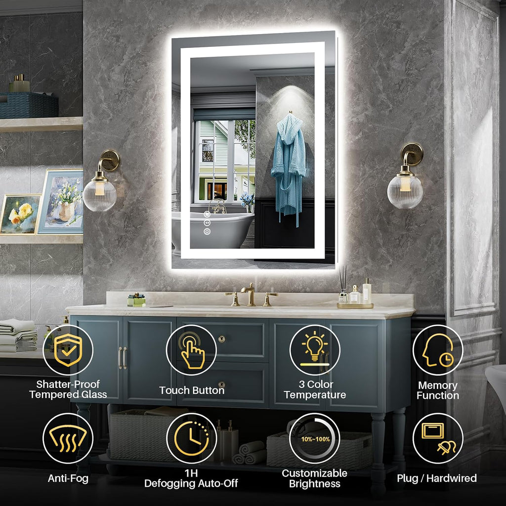 24x32 LED Bathroom Mirror, Dual Lit Anti-Fog Wall Vanity Mirror | 3 Color Dimmable, Memory Function, Shatter-Proof