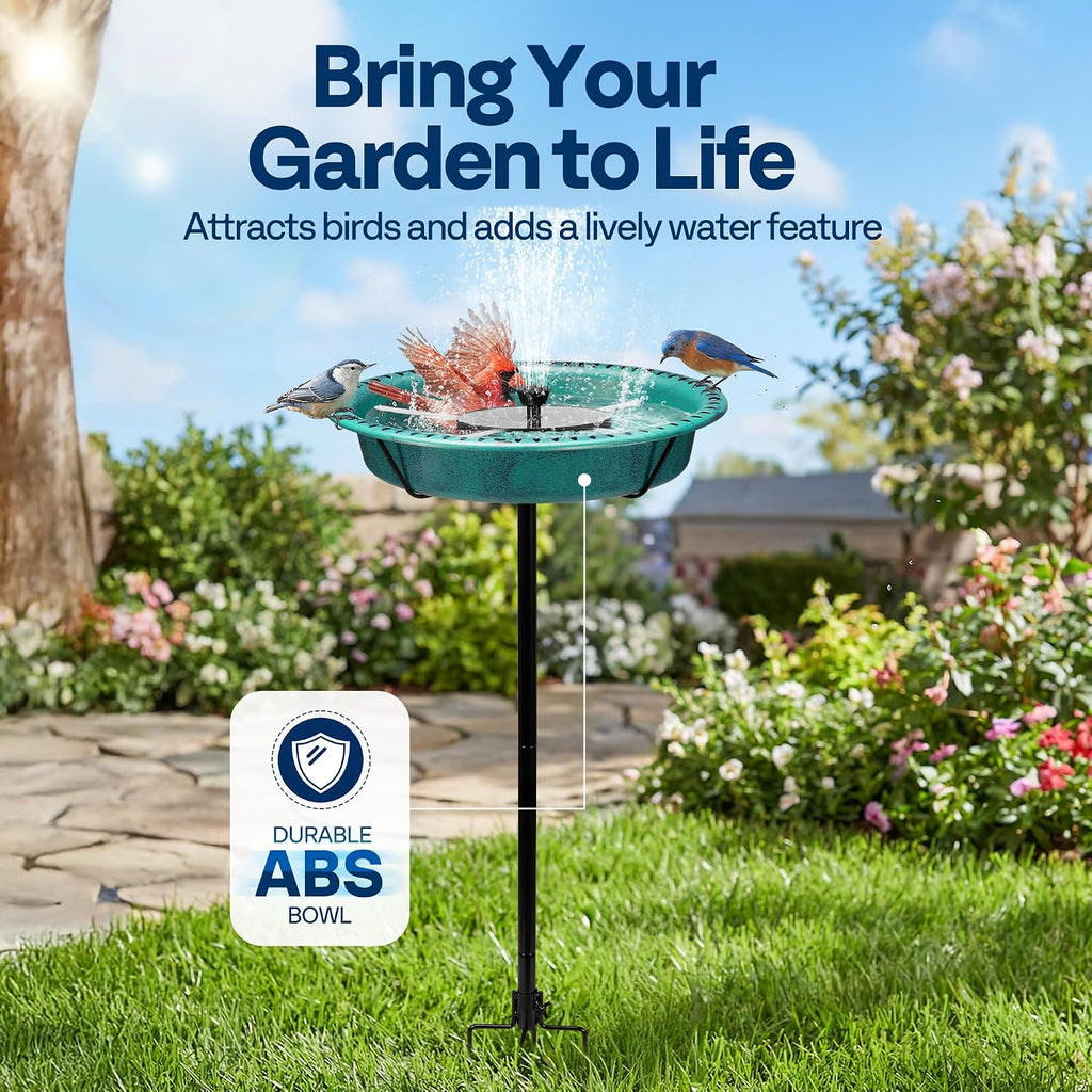Oval Bird Bath with Solar Fountain and Metal Ground Stake, Green