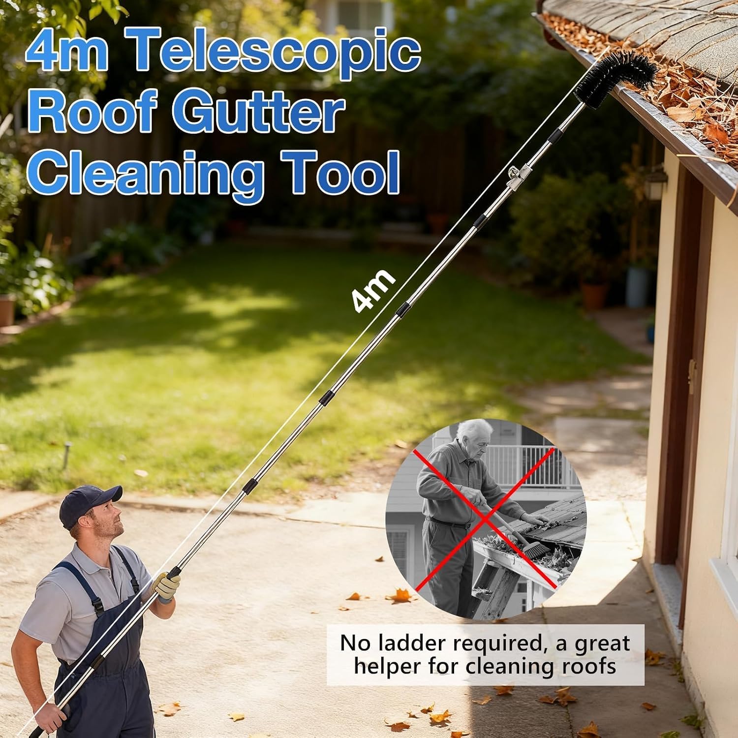 13.12FT Adjustable Gutter Cleaning Tool with Replaceable Brush Rake Scoop