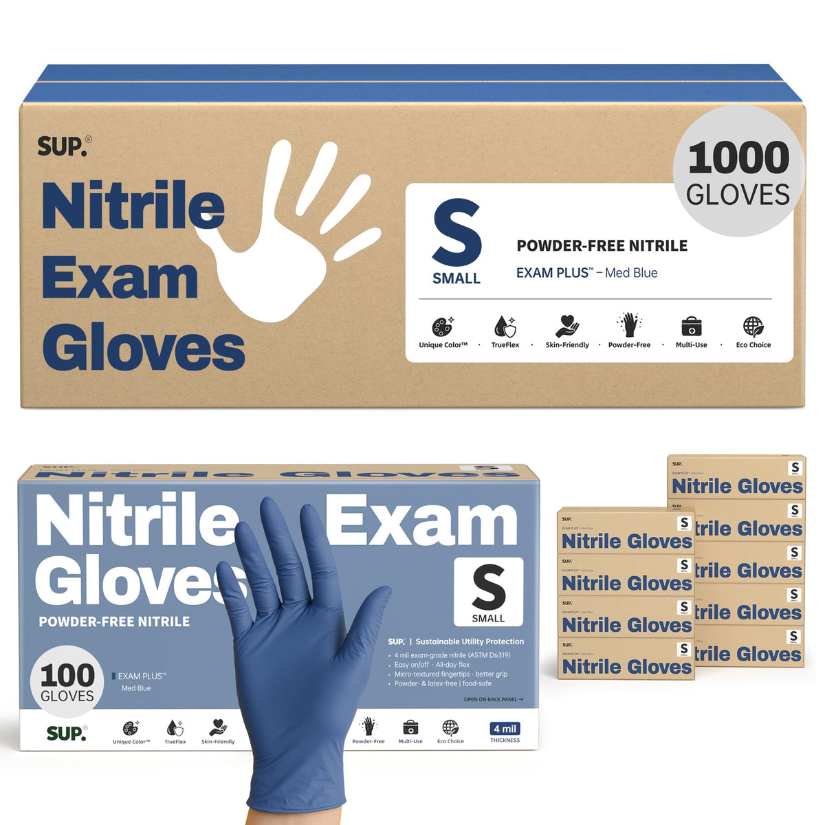 SUP Exam Plus Nitrile Gloves, Powder-Free Disposable Med Blue 1000 Ct (S)
