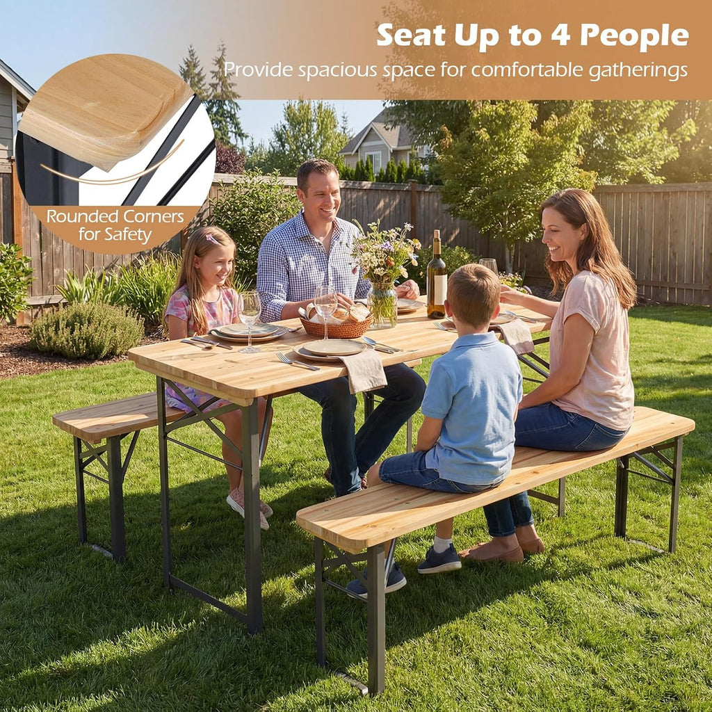 3 Piece Folding Picnic Table with 2 Benches, Foldable Wood Picnic Table Bench Set with Heavy-Duty Metal Frame for 4