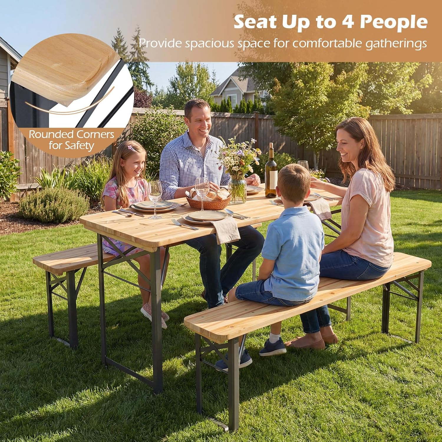 3 Piece Folding Picnic Table with 2 Benches, Foldable Wood Picnic Table Bench Set with Heavy-Duty Metal Frame for 4