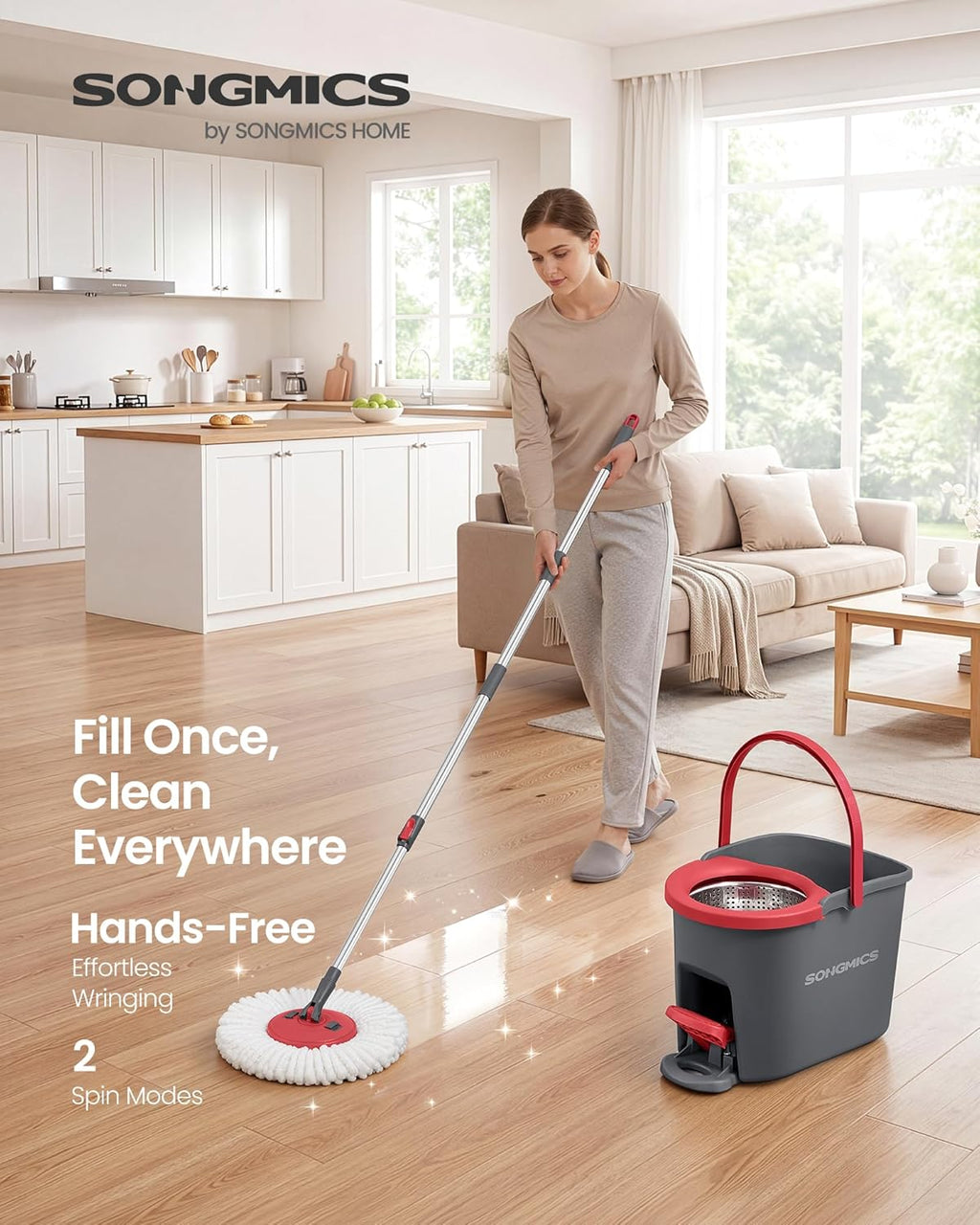 Spin Mop and Bucket Set with Pedal Wringer, Floor Cleaning Mop, Adjustable Telescopic Handle, Max. 59.1-Inch Length