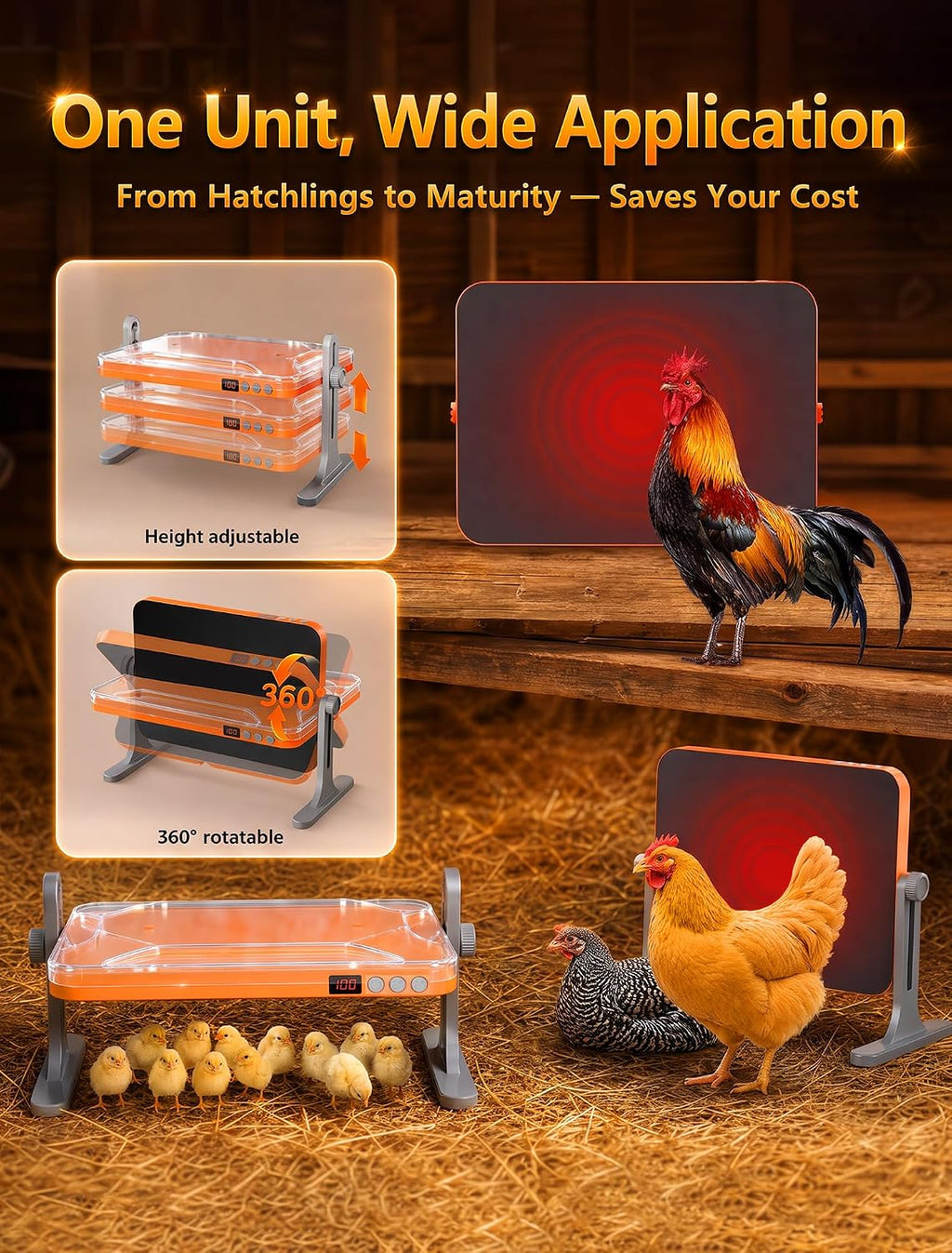 200W Multi-Angle Adjustable Chicken Coop Heater, Smart Thermostat Radiant Warmer Compatible with Timers, Remote