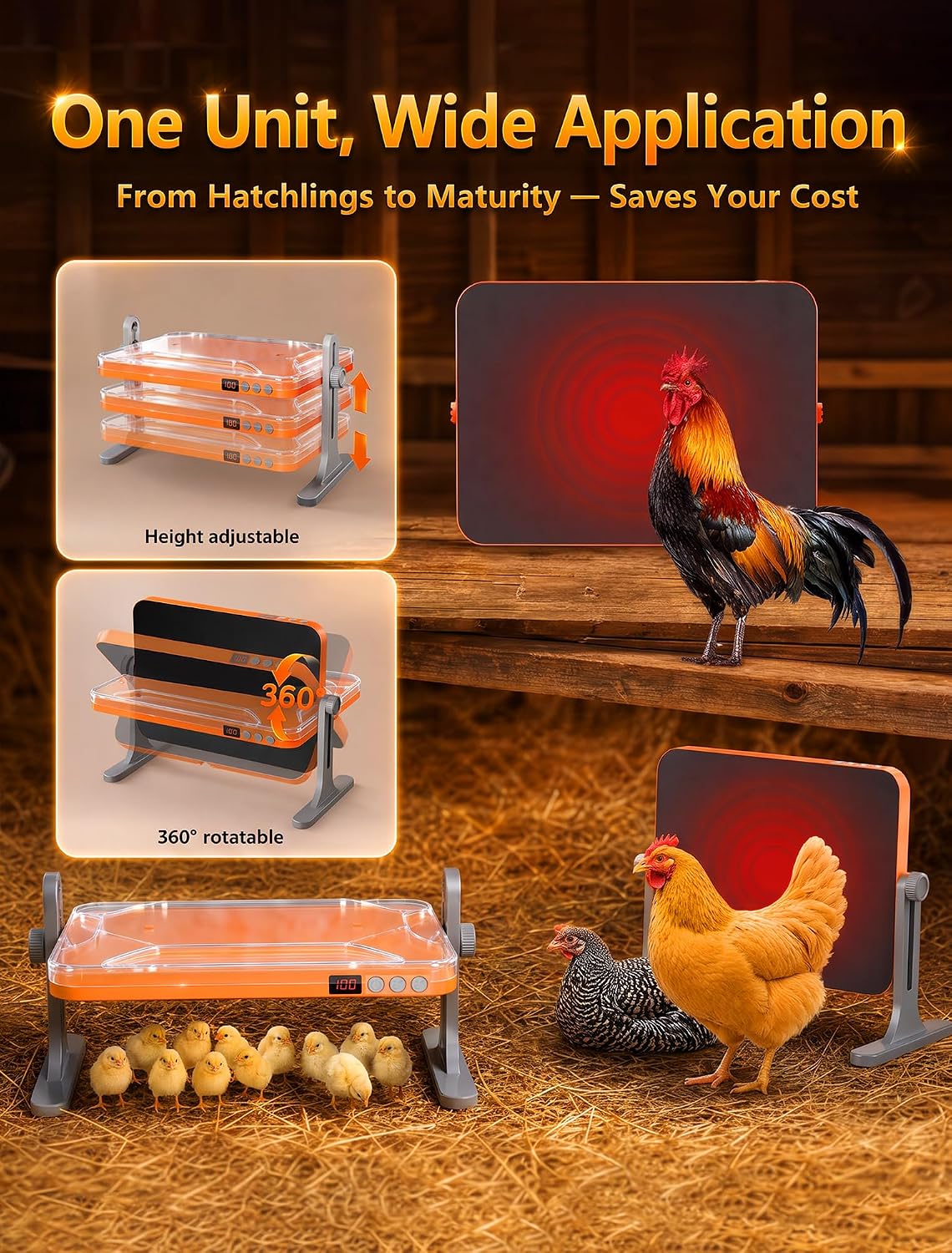 200W Multi-Angle Adjustable Chicken Coop Heater, Smart Thermostat Radiant Warmer Compatible with Timers, Remote