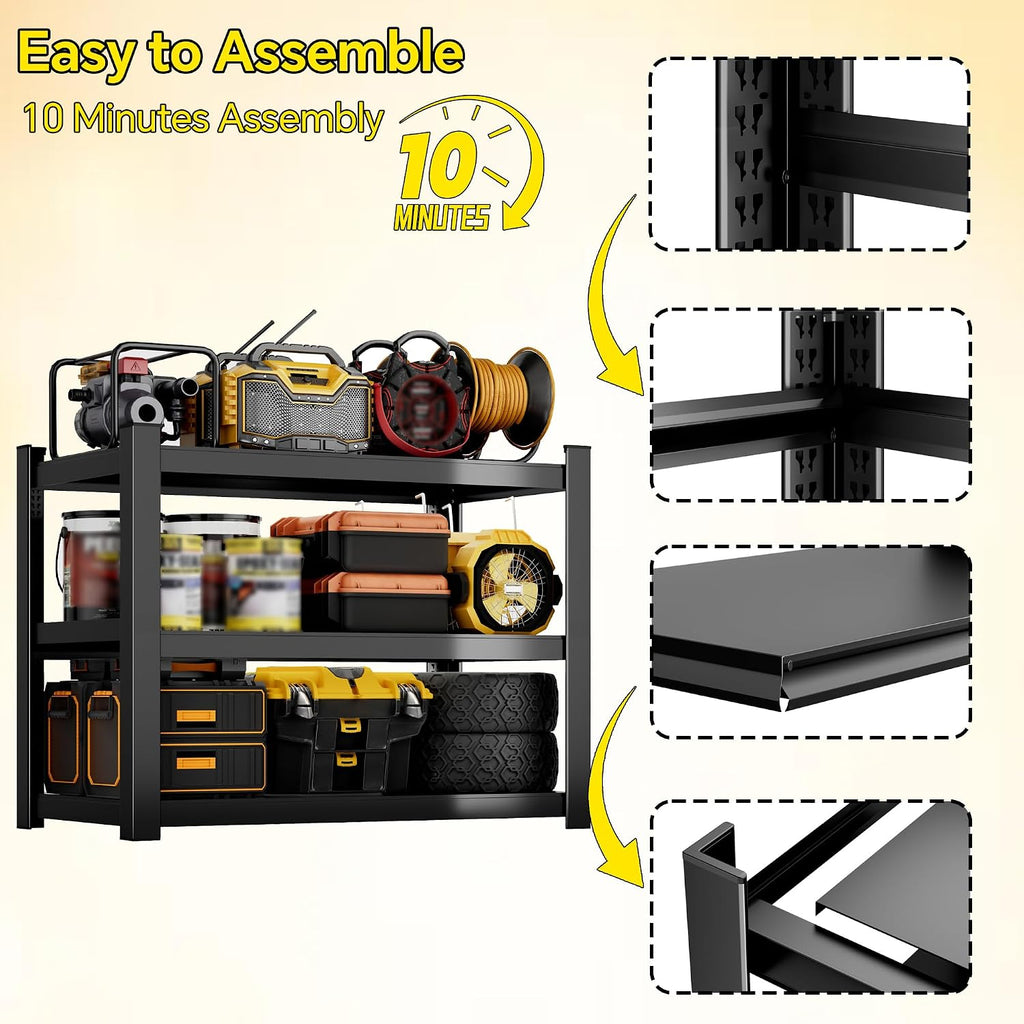 Metal Storage Shelves, 3-Tier Garage Shelving Unit, Heavy Duty Adjustable Metal Shelving for Garage, Basement