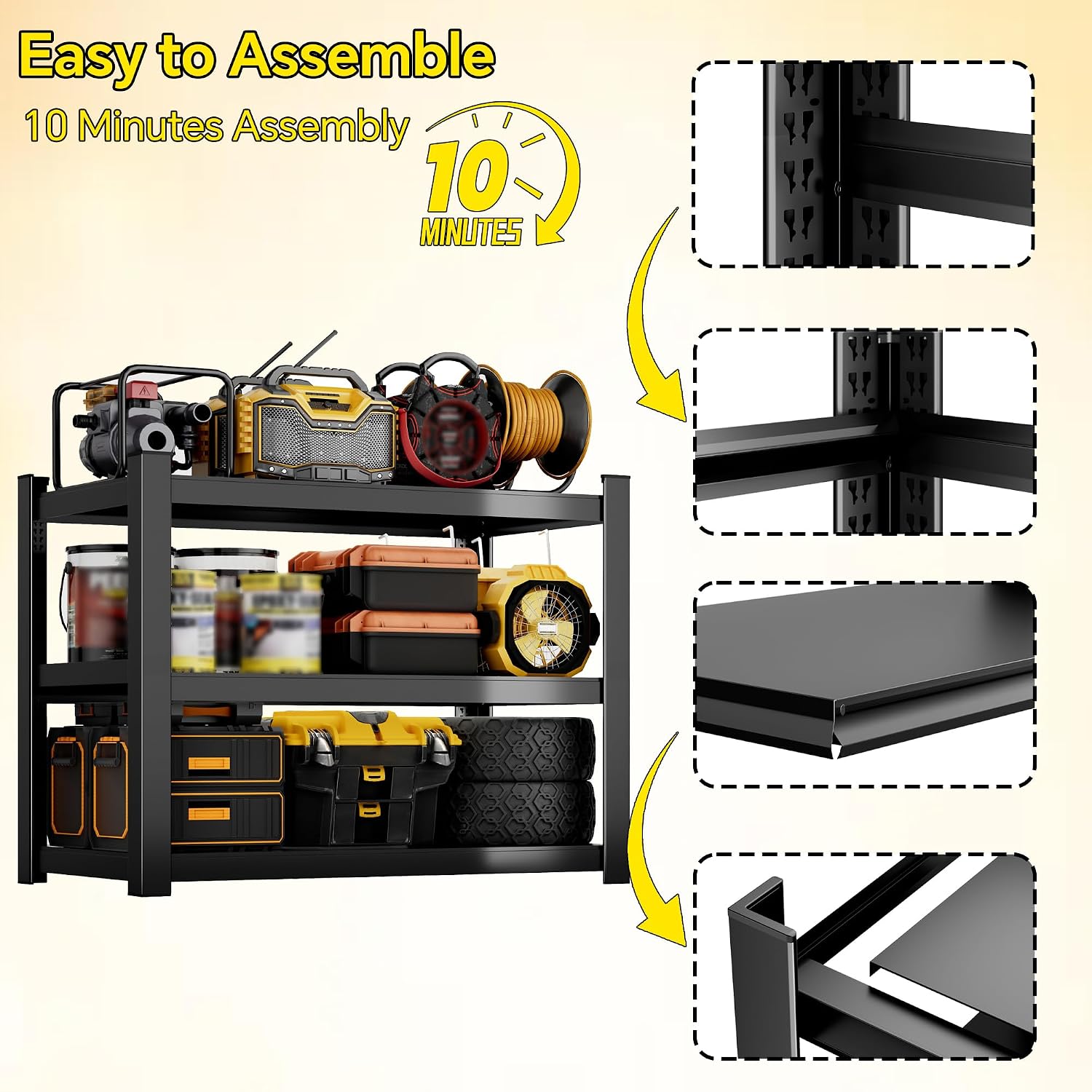 Metal Storage Shelves, 3-Tier Garage Shelving Unit, Heavy Duty Adjustable Metal Shelving for Garage, Basement