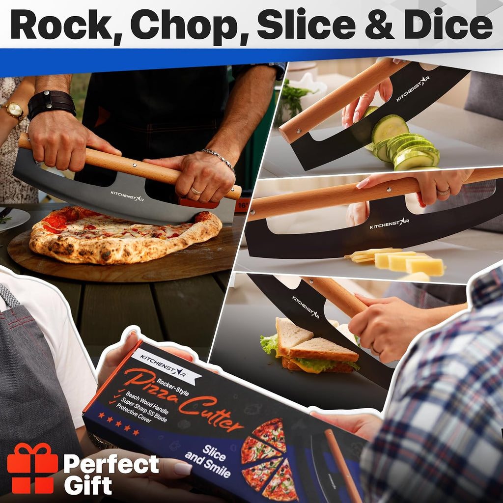 14-Inch Pizza Cutter Rocker Blade, 304 Stainless Steel Knife, Wooden Handle