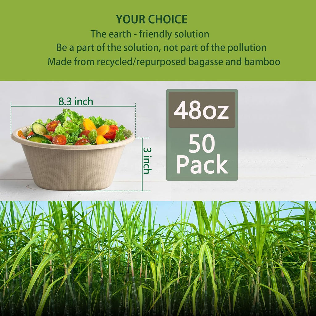 48 Oz Disposable Bowls - Heavy Duty and Compostable Bowl - Made from Sugarcane and Bamboo Fibers, Microwave Safe