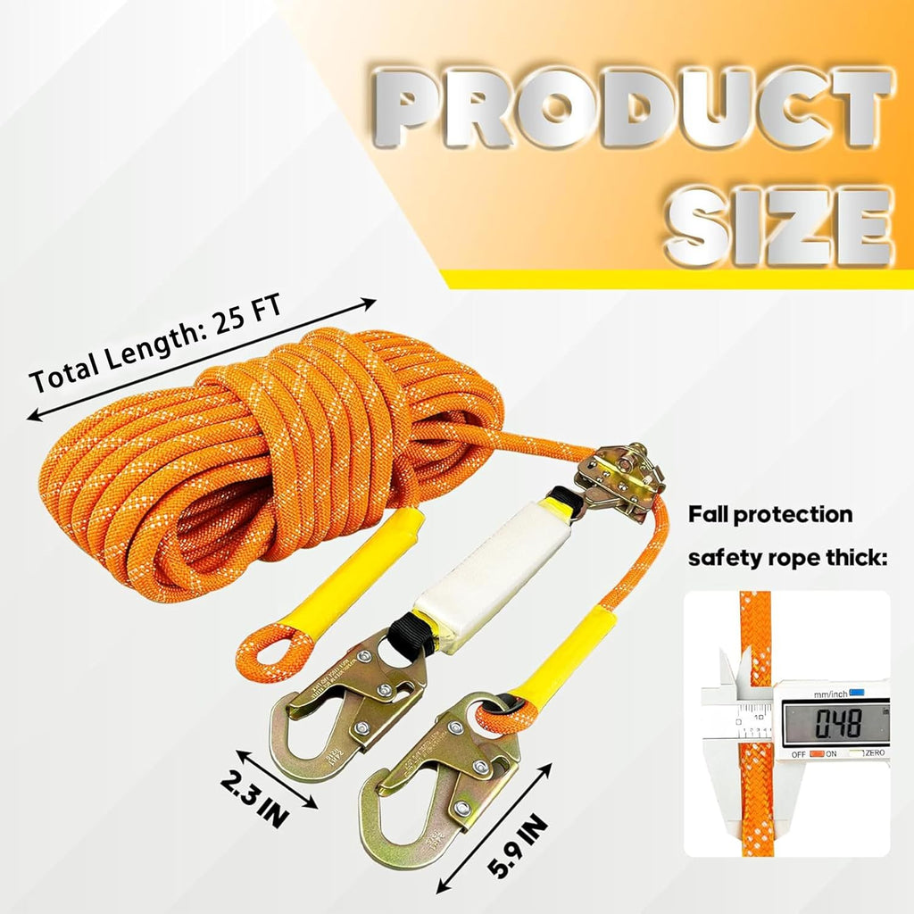 Fall Protection Safety Rope 25FT Heavy Duty Vertical Roofing Rope with Alloy Steel Grab Snap Hooks Shock Absorber