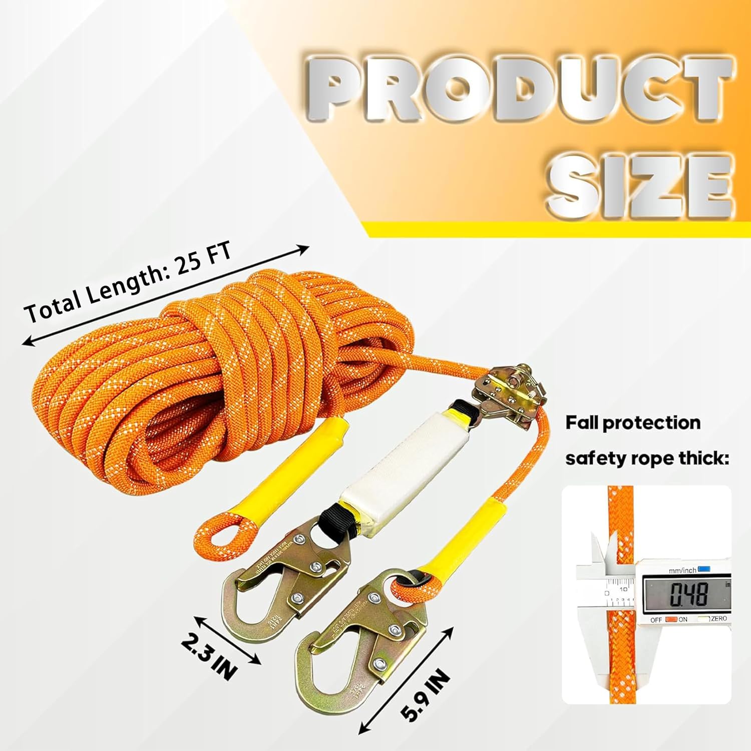 Fall Protection Safety Rope 25FT Heavy Duty Vertical Roofing Rope with Alloy Steel Grab Snap Hooks Shock Absorber