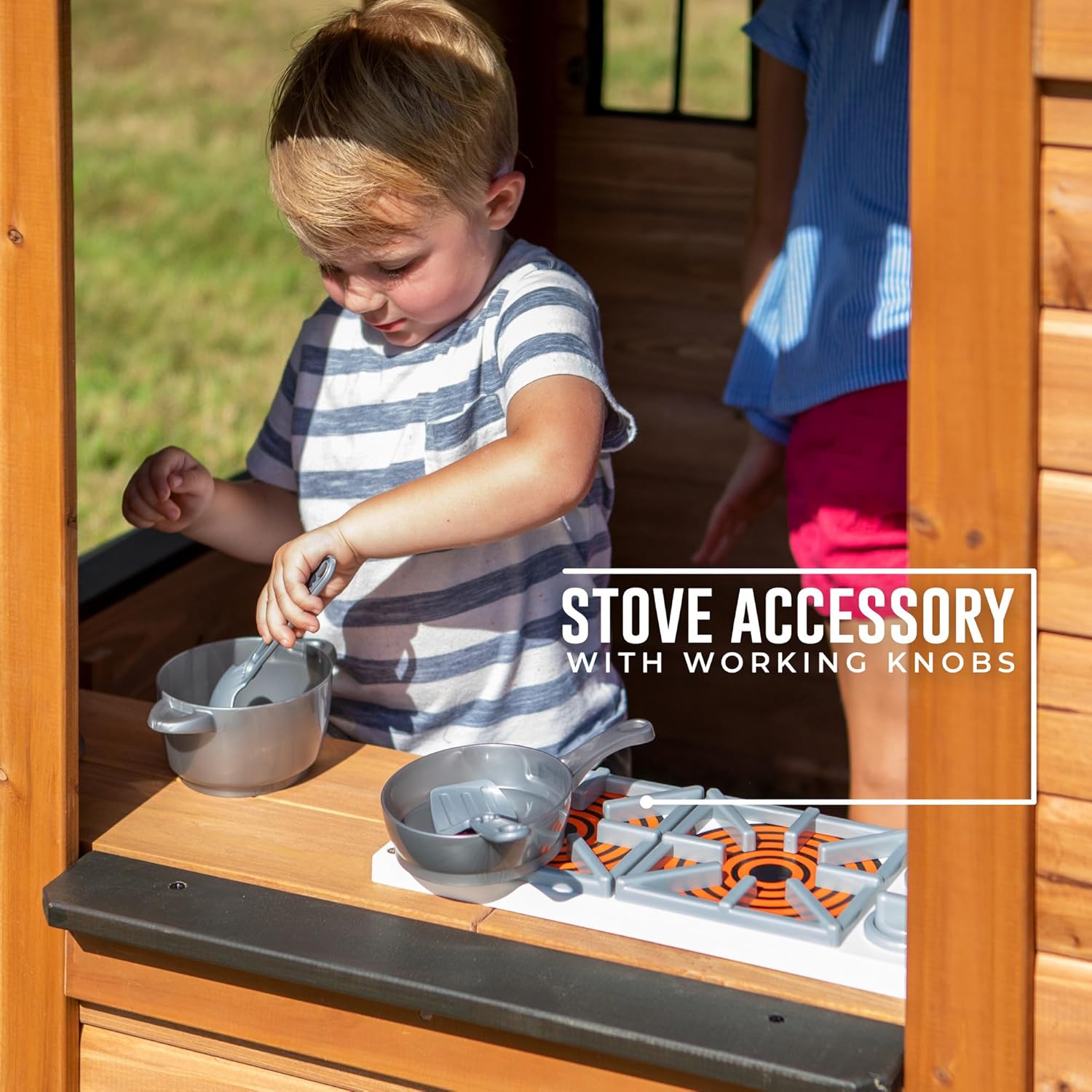Backyard Discovery Sweetwater Cedar Wooden Kids Playhouse Cottage with Play Kitchen, Snack Bar, Half Door, Toy Phone