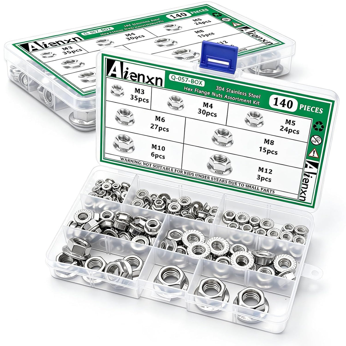 140PCS Hex Flange Nuts Assortment, 304 SS, 7 Metric Sizes M3-M12