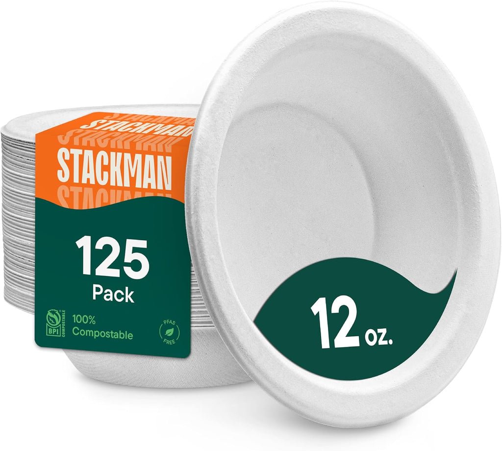 100% Compostable Paper Bowls - 12 oz [125-Pack] Heavy Duty Soup Bowls
