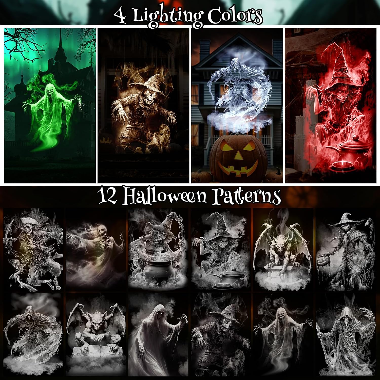 12 in 1 Halloween Projector Lights Outdoor 2026 Upgrade 3D Dynamic Window Indoor Decorations Skull Ghost Bats Witch