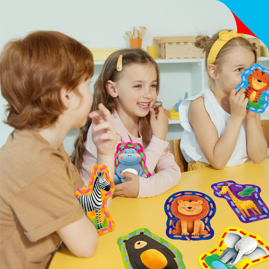 9 PCS Kids Lacing Cards, 9 Double Sided Wild Animals Sewing Cards with 9 Colorful Laces, Educational & Learning Toys