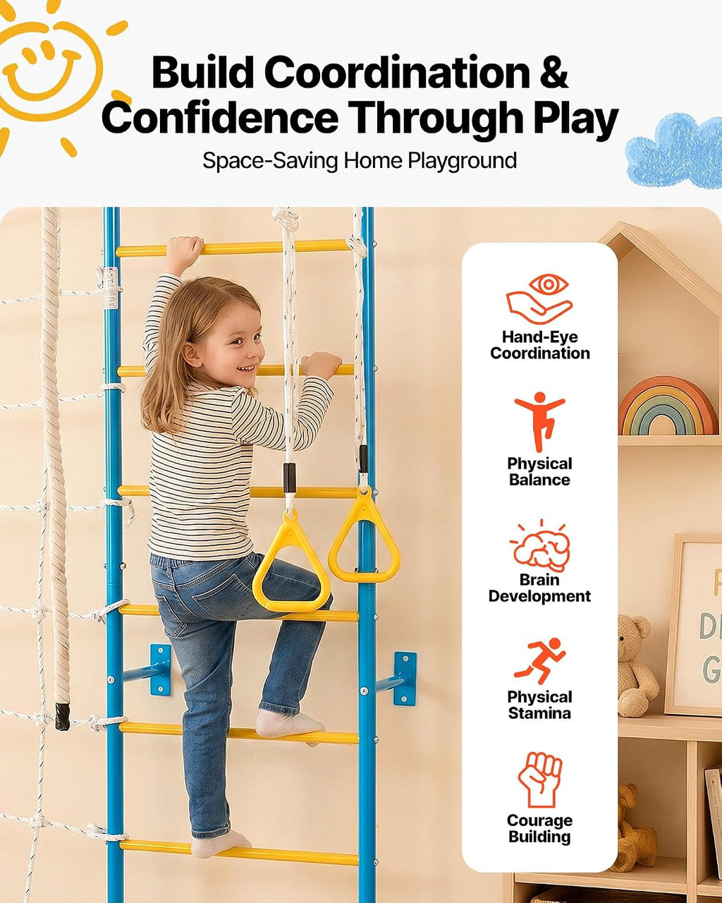 Indoor Jungle Gym for Toddlers, 7-in-1 Climbing Playset with Carbon Steel Swedish Ladder, Wall Ladder, Pull-Up Bar