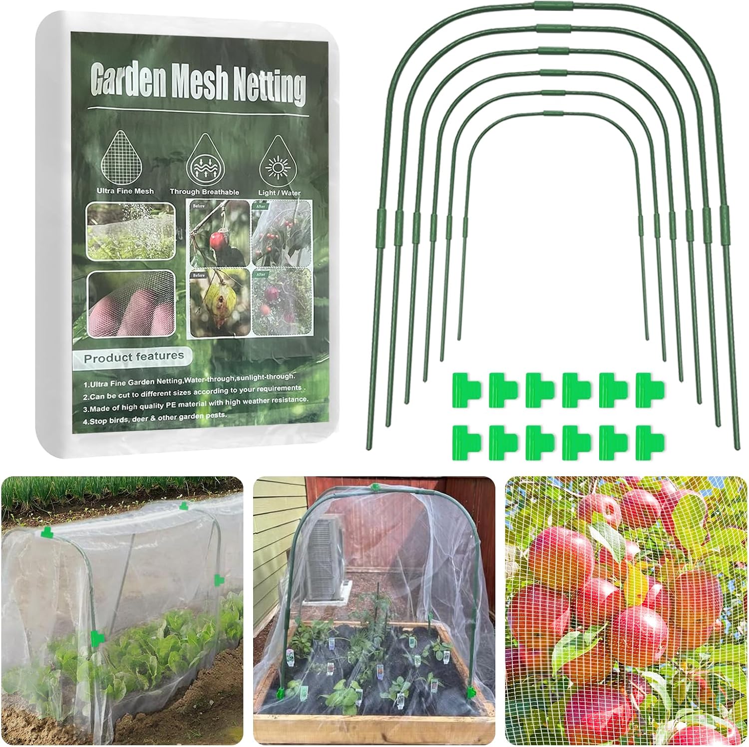Garden Mesh Netting Kit for Raised Beds, 8 * 26FT Ultra Fine Plant Netting Covers with 6 Pcs Wide Garden Hoops & 12