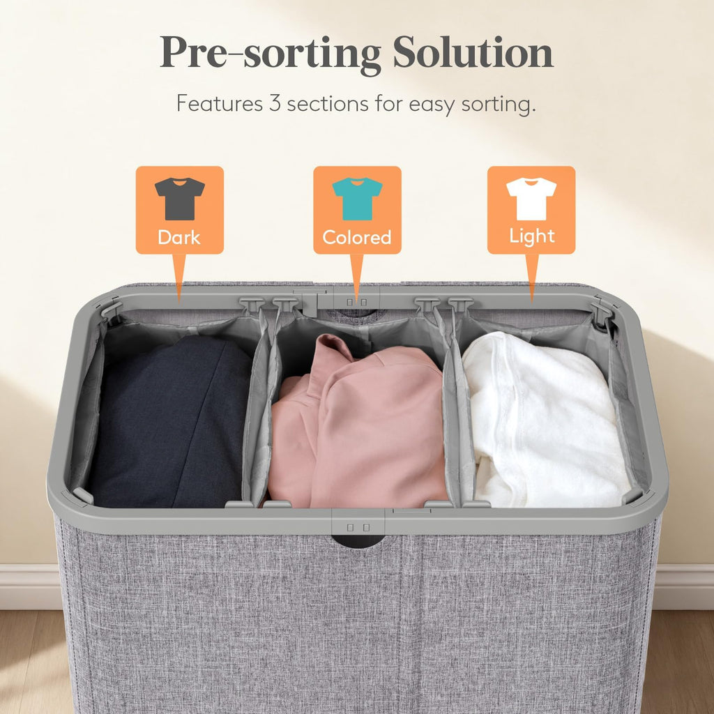 185L 3 Section Laundry Hamper with Lid, Laundry Basket, Light Gray