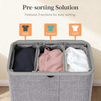 185L 3 Section Laundry Hamper with Lid, Laundry Basket, Light Gray