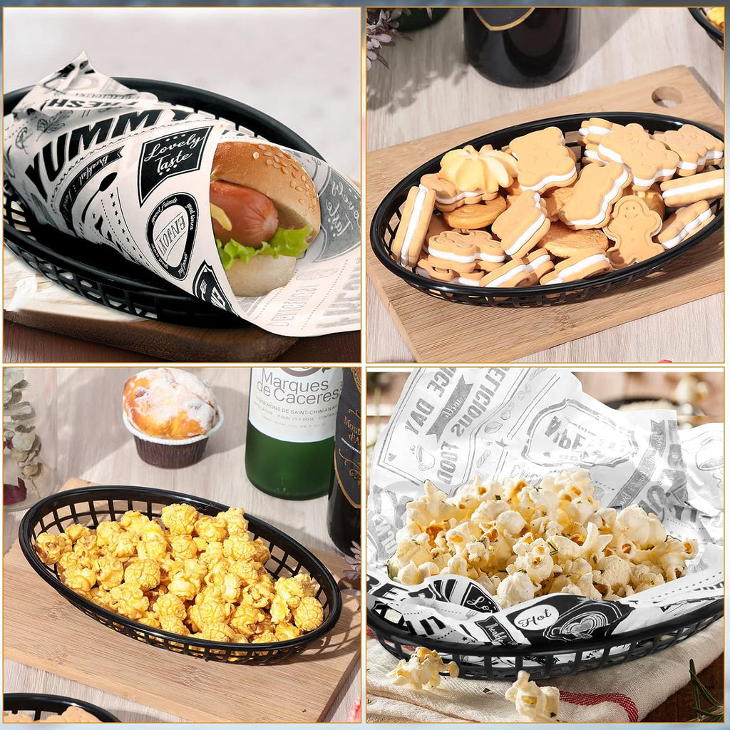 100 Pcs Black Plastic Fast Food Baskets Oval Chip Serving Tray