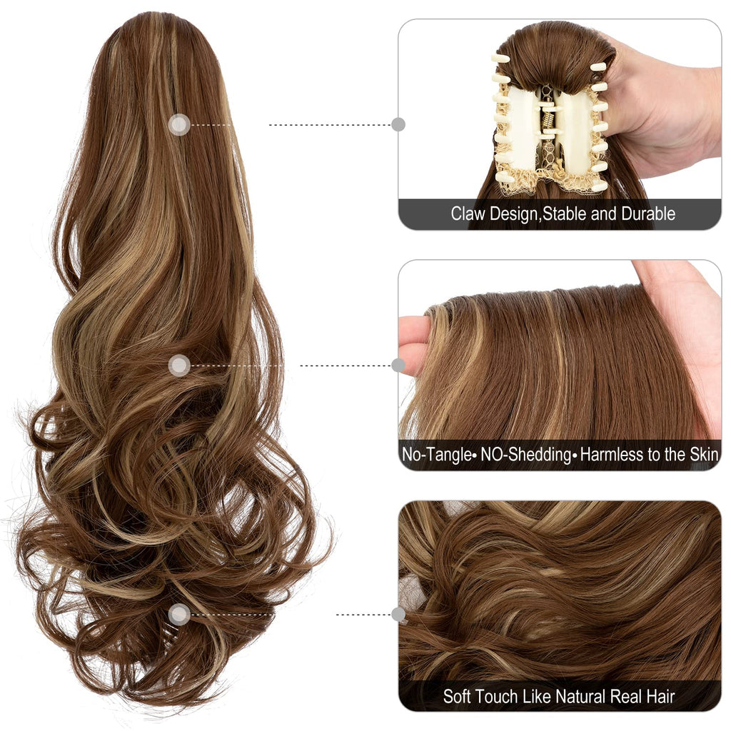 18" Wavy Ponytail Extension, Ash Blonde Mix Light Brown | Claw Clip, Long Pony Tails for Women, Wave Hairpiece