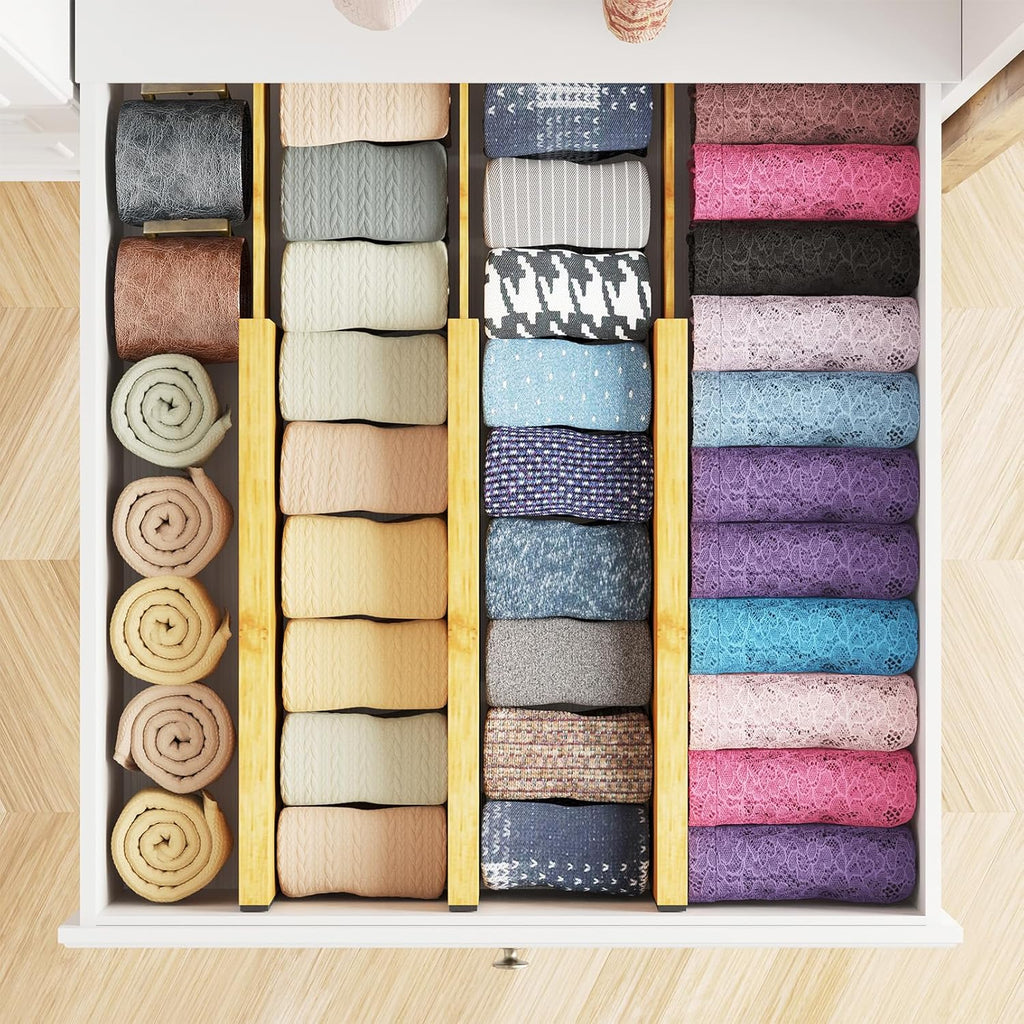 Bamboo Dresser Drawer Dividers 6 Pack, 4.65“ High Adjustable 12.5“-17” Drawer Organizers, Expandable Organization for