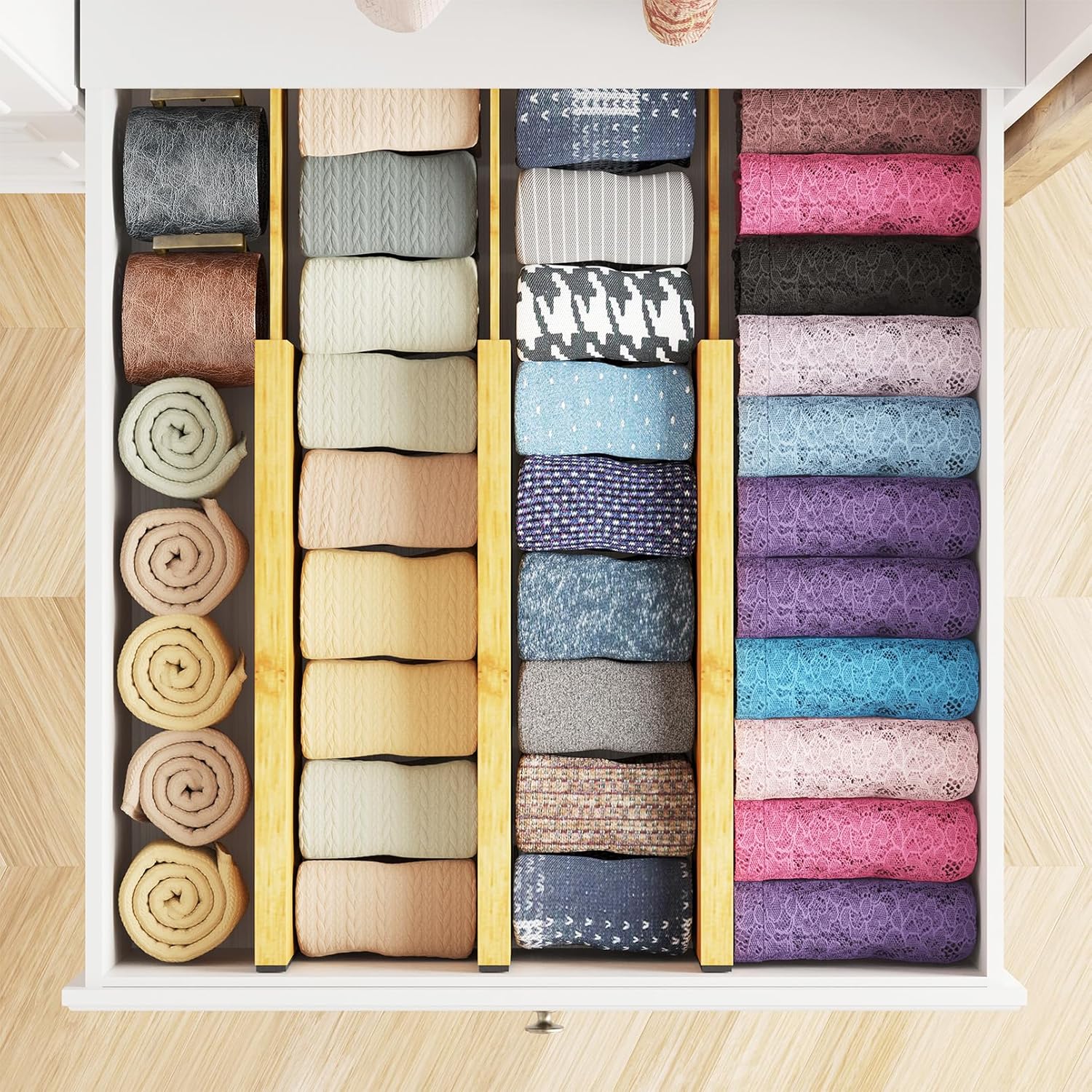 Bamboo Dresser Drawer Dividers 6 Pack, 4.65“ High Adjustable 12.5“-17” Drawer Organizers, Expandable Organization for
