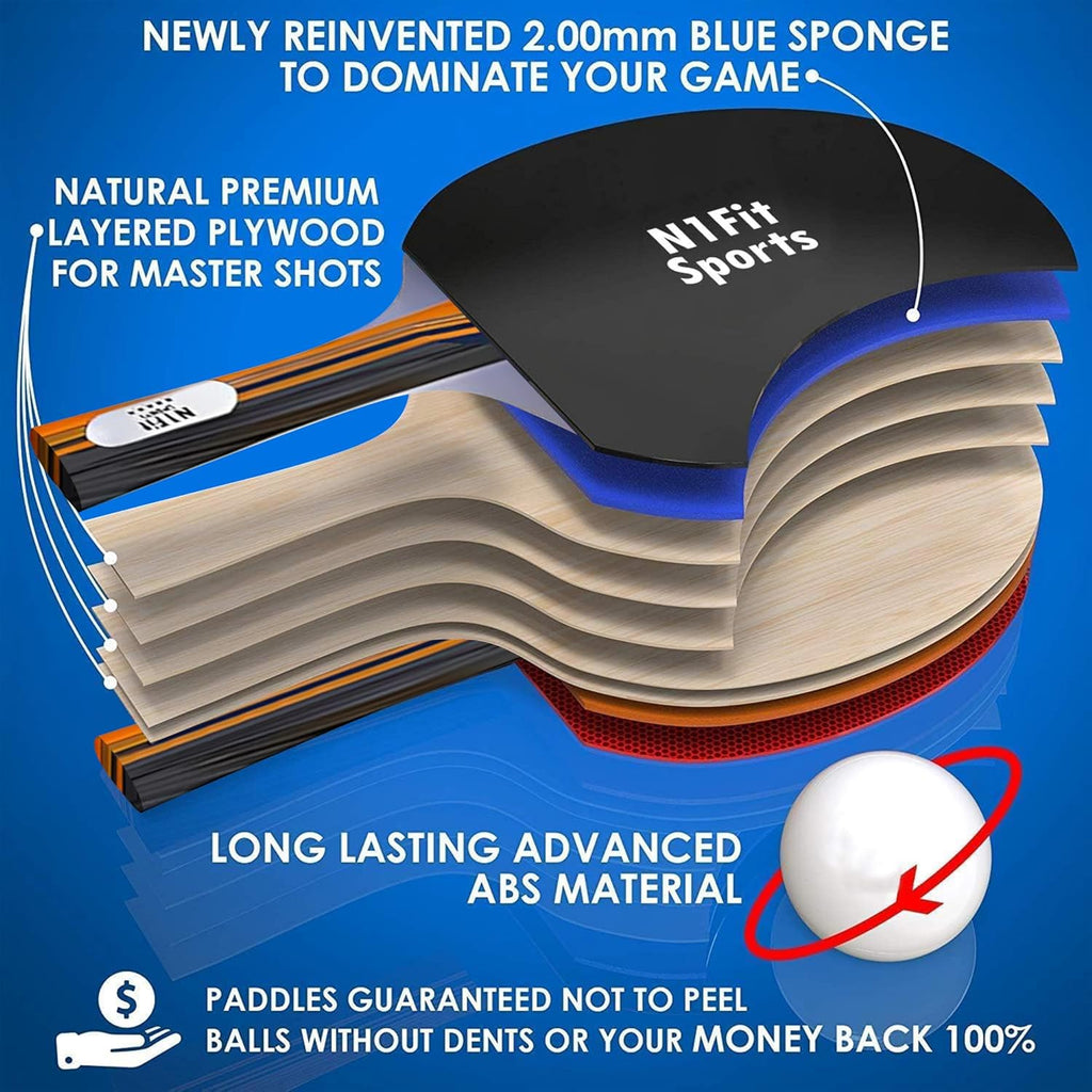 Ping Pong Paddle Set - 4 Professional Rackets, Retractable Net, 6 Pig Pong Balls, Carry Case - Indoor and Outdoor