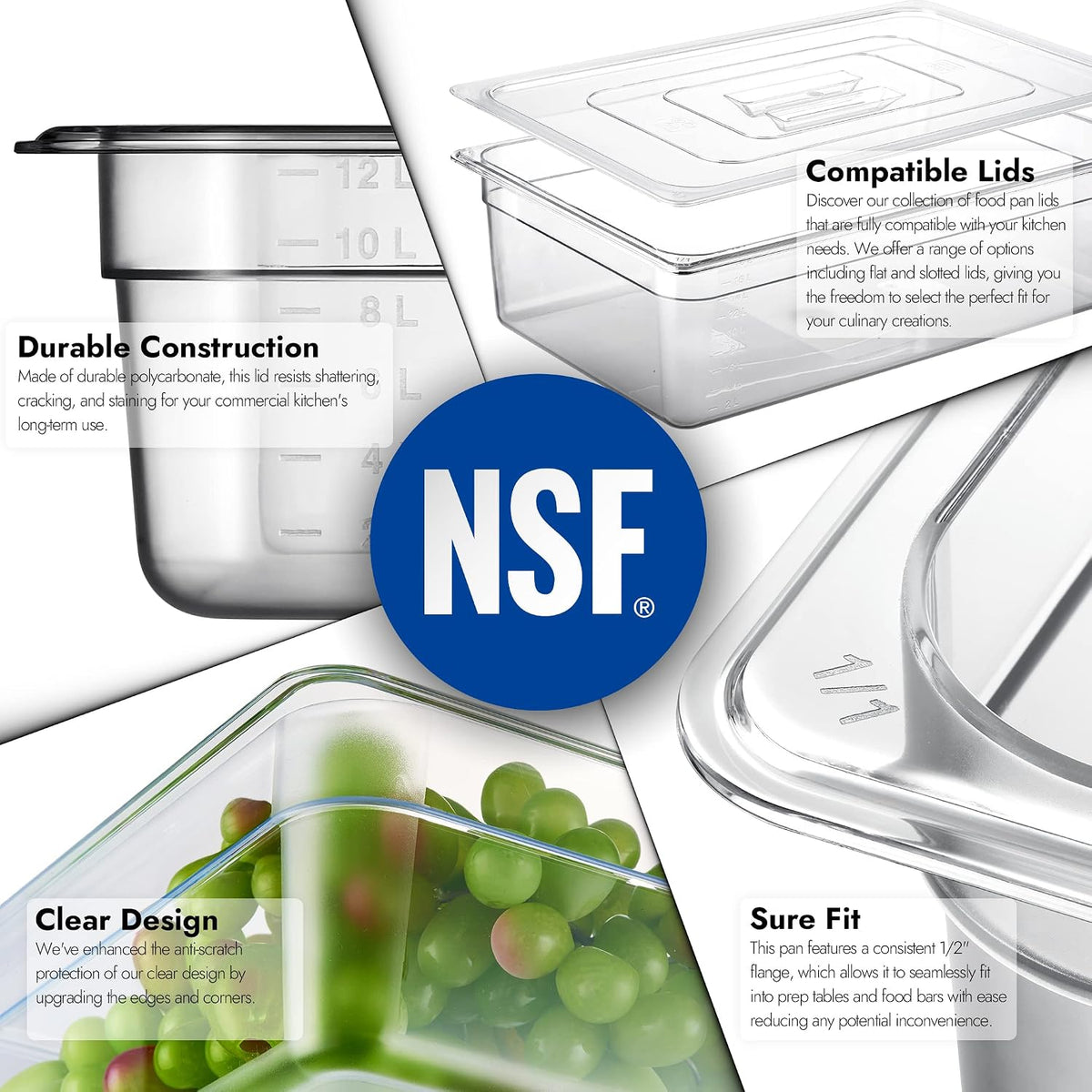 6-Pack Full Size 6" Deep NSF Polycarbonate Food Pans | Dishwasher & Freezer Safe Clear Container for Prep Tables