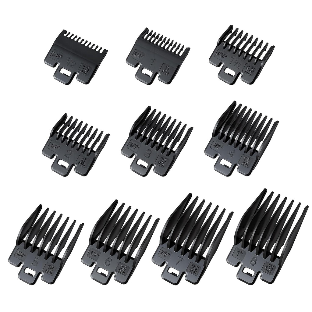 Clipper Guards Set Compatible with Wahl Clippers, Clipper Guides Replacement - 1/16" to 1", 10 Piece Set, Black Color