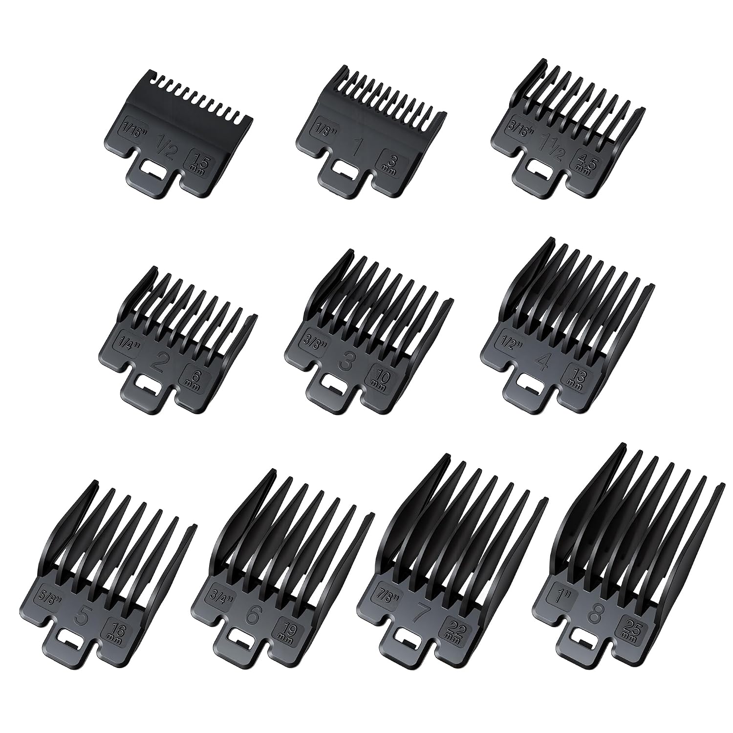 Clipper Guards Set Compatible with Wahl Clippers, Clipper Guides Replacement - 1/16" to 1", 10 Piece Set, Black Color