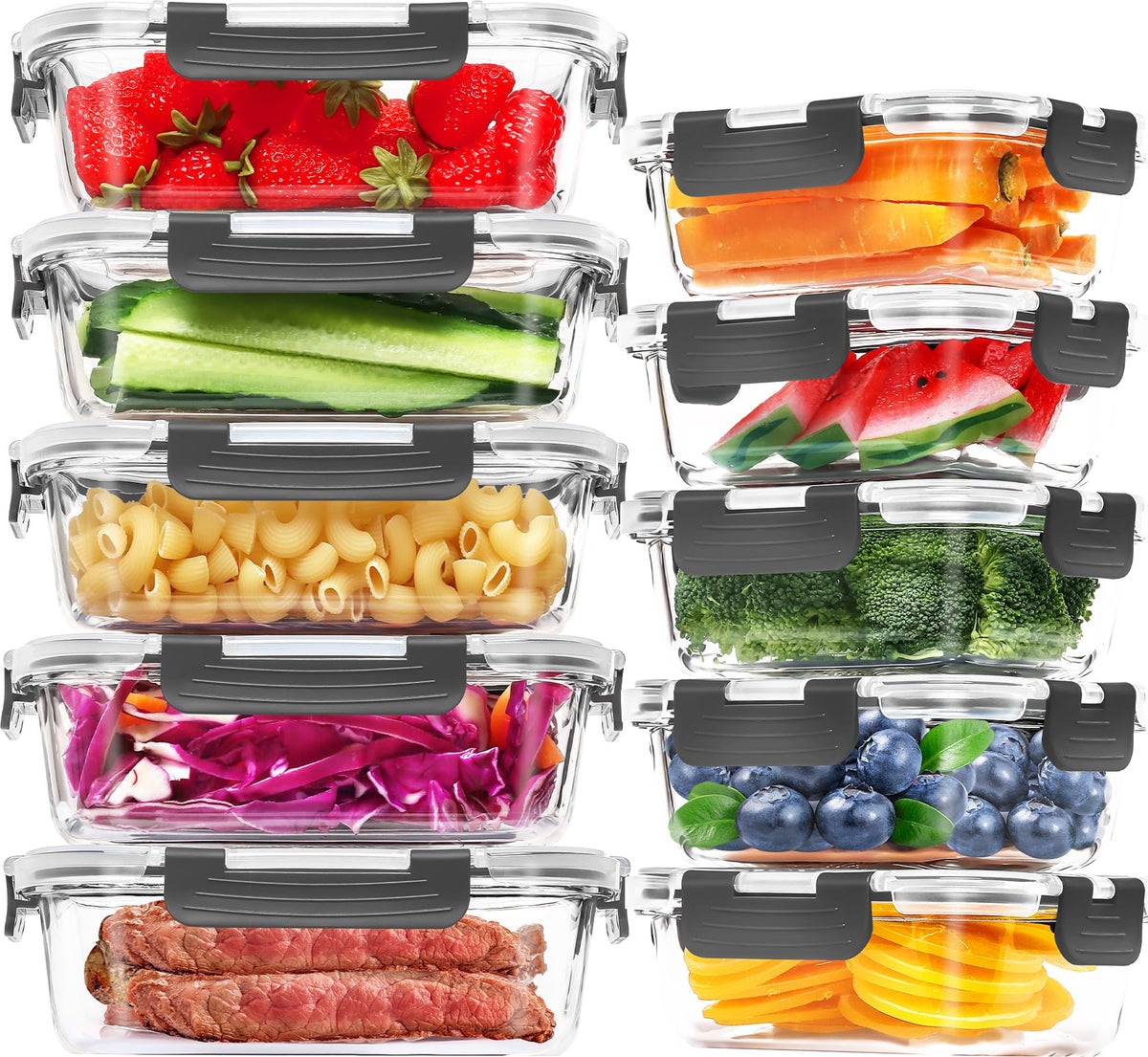 10-Pack Large Glass Meal Prep Containers, Food Storage Containers with Lids