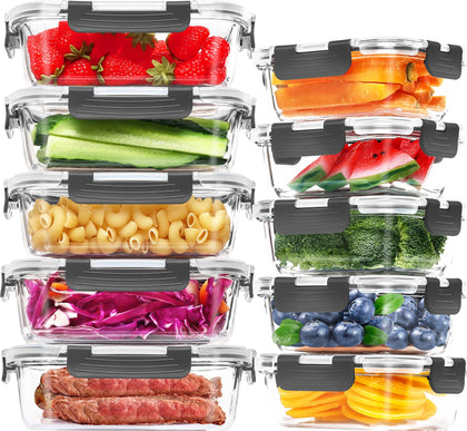 10-Pack Large Glass Meal Prep Containers, Food Storage Containers with Lids