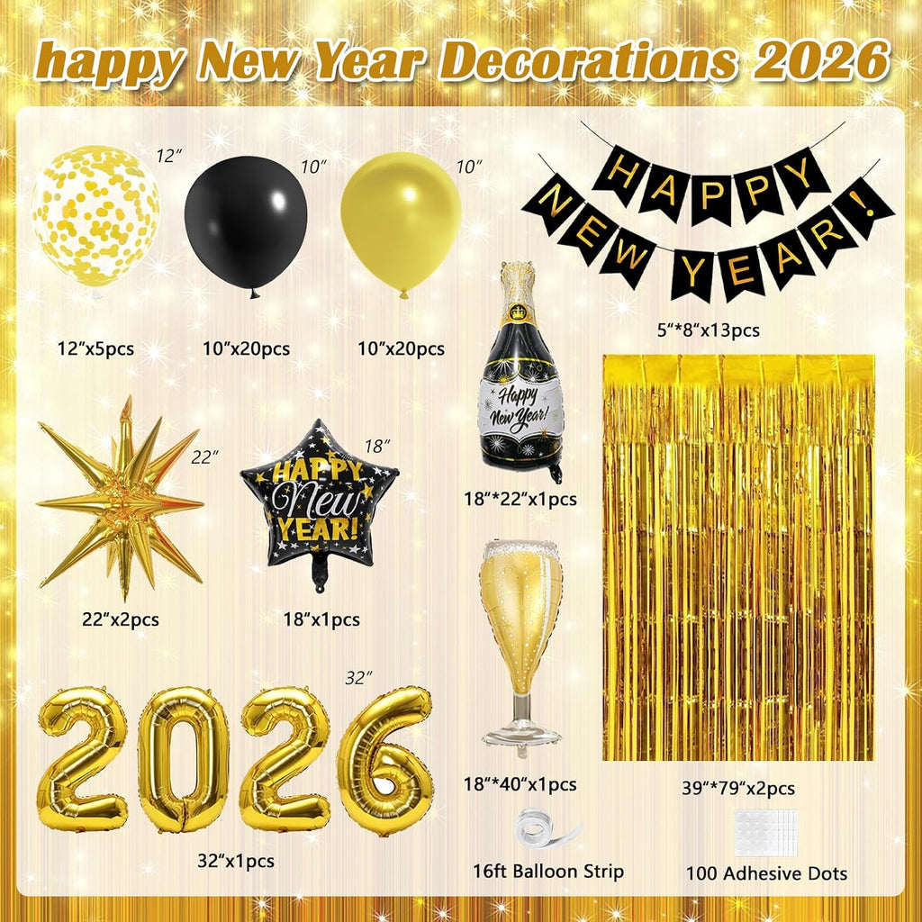 New Years Decorations 2026 Eve Party Supplies with Black Gold Confetti Balloons 2026 Number Balloons New Year Banner