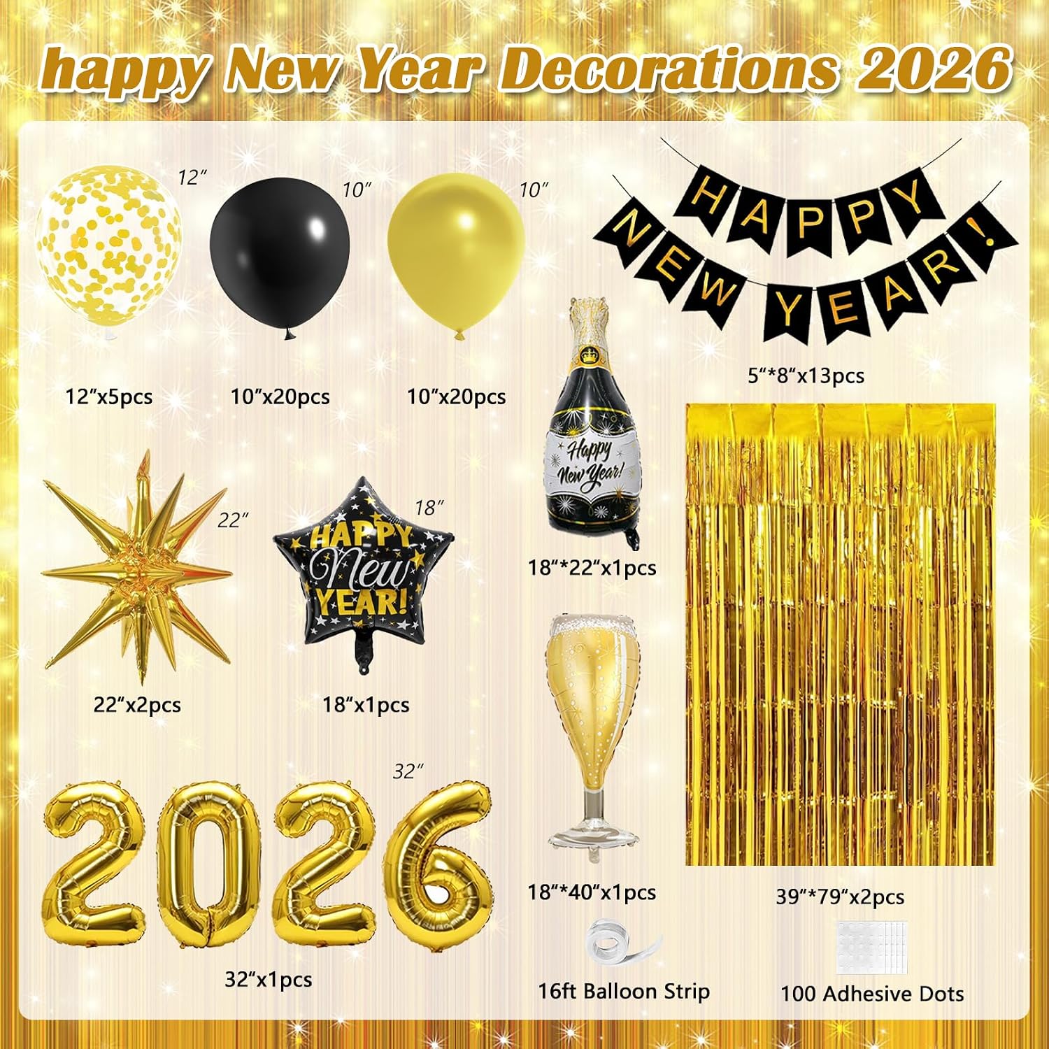 New Years Decorations 2026 Eve Party Supplies with Black Gold Confetti Balloons 2026 Number Balloons New Year Banner