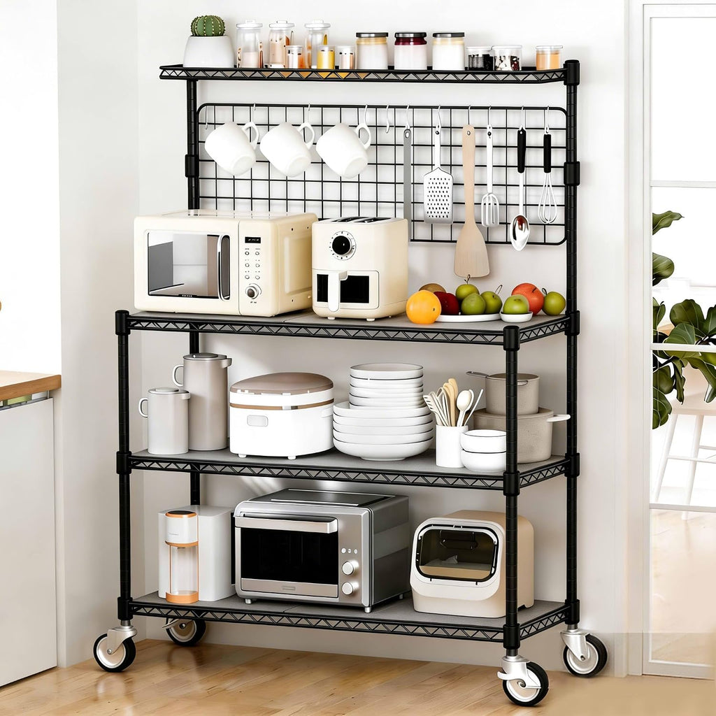 Bakers Rack with Storage & Wheels, 42In Microwave Stand Kitchen Shelves