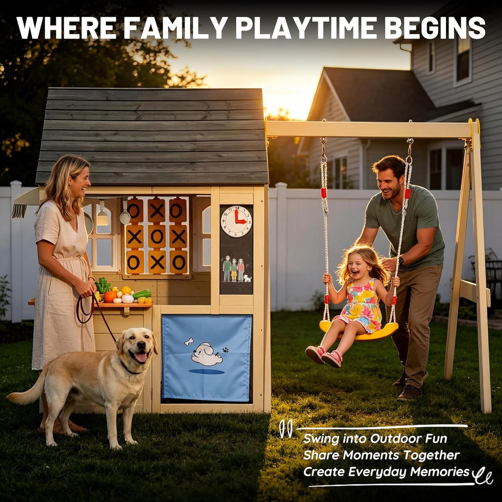 Wooden Playhouse with Swing Set for Kids, Ivory White Cedar Wood Outdoor Playset with Pet Door & Game Board