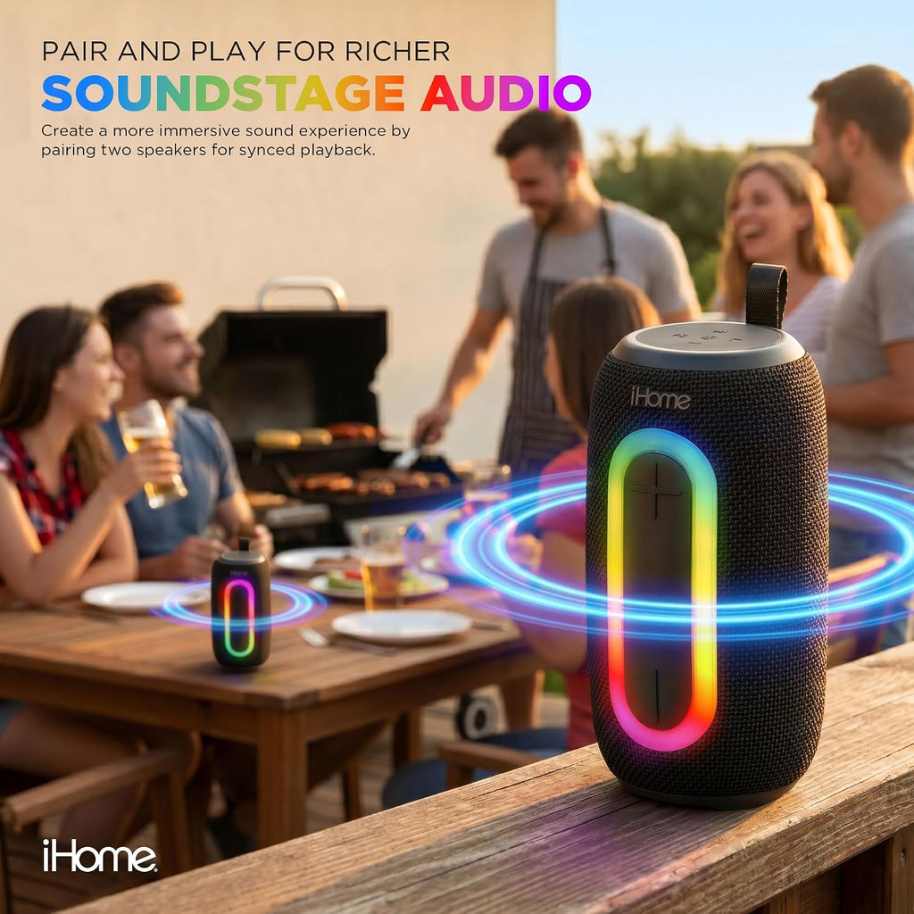 Quest Pro Wireless Portable Speaker, Bluetooth 5.3, RGB Color-Changing Lights, Water Resistant, Rechargeable Battery