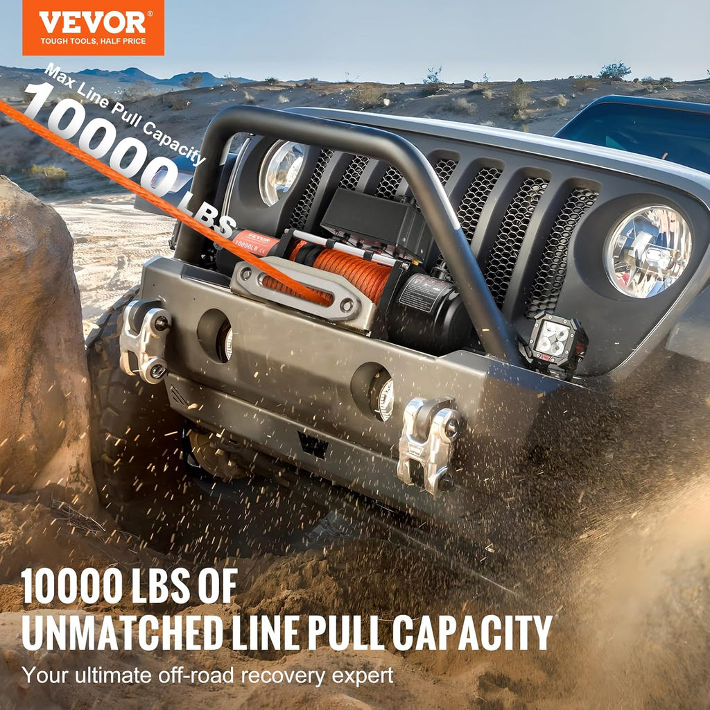 Electric Winch, 10,000 lb Truck Trailer Jeep Winch, 12V DC 7/20 in x 65 ft Synthetic Rope Aluminum Fairlead Wireless