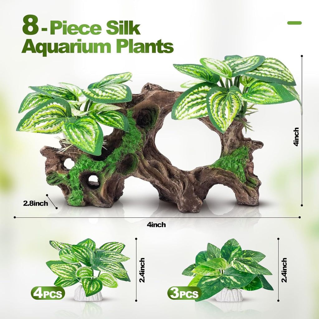 8 Pcs Fish Tank Decor，Silk Aquarium Plants Green Silk Leaf pad Hammock Artifical Driftwood cave Betta Fish Tank