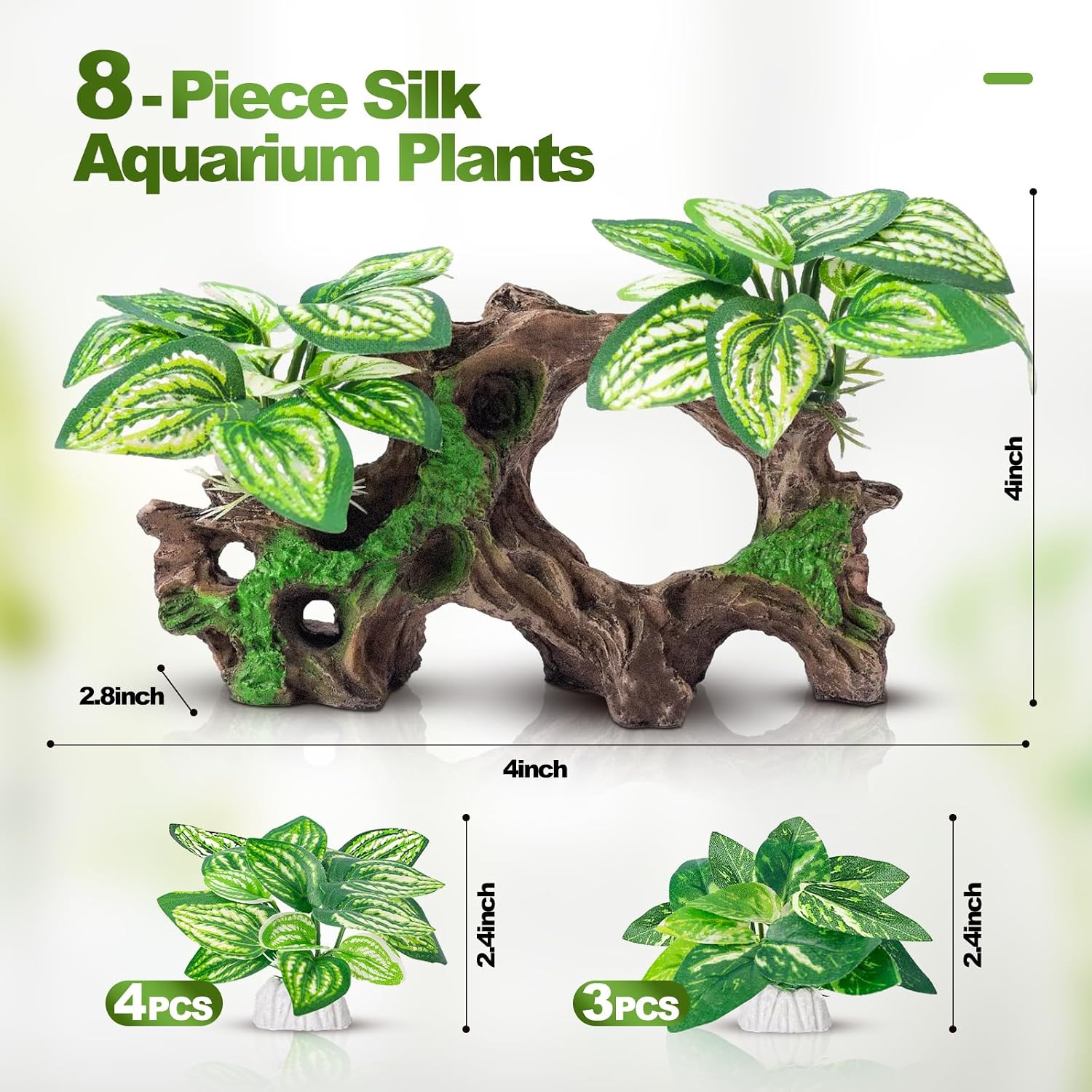 8 Pcs Fish Tank Decor，Silk Aquarium Plants Green Silk Leaf pad Hammock Artifical Driftwood cave Betta Fish Tank