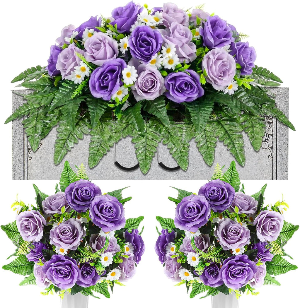 3 Pcs Father's Day Headstone Flower Saddle Cemetery Flowers for Grave Purple Rose Daisy Artificial Memorial Floral
